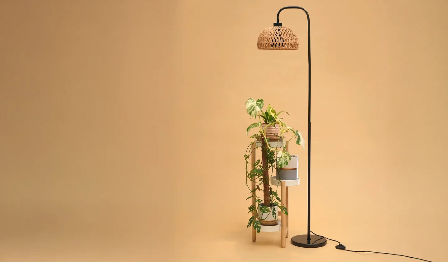 Soltech Willow, Soltech Vita Bulb with a Verona - Woven Rope Lampshade next to a plant stand with potted plants on a beige background