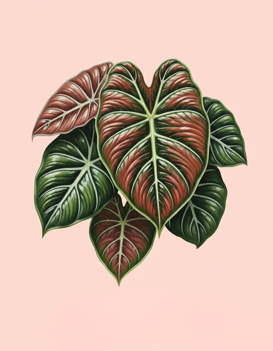 Illustration of green and red leaves on a pink background