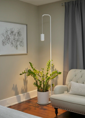 Modern living room with a white Soltech Stello and Aspect, plant, and armchair.
