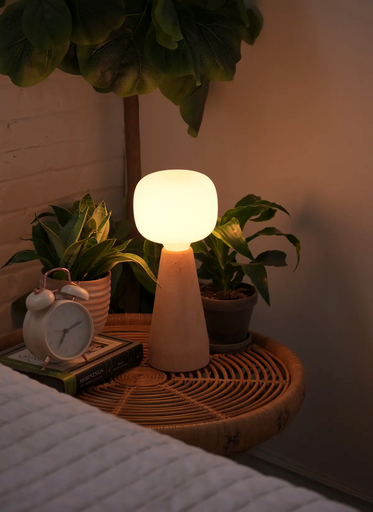 Soltech Aura on a bedside table with plants and an alarm clock in a cozy bedroom setting.