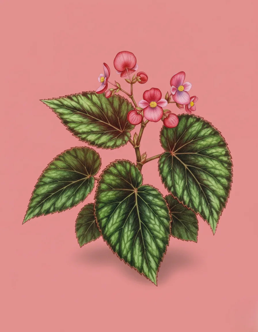 Illustration of green leaves and pink flowers on a pink background