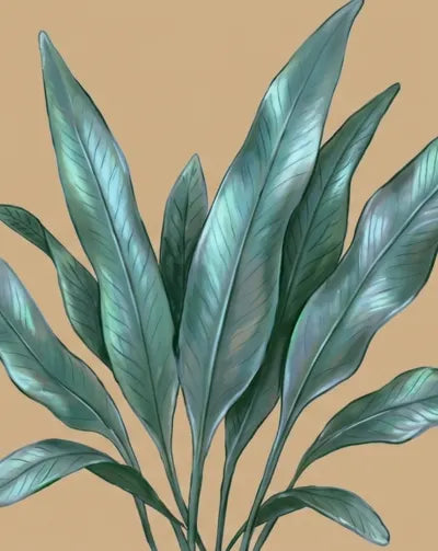 Artistic illustration of green leaves on a beige background