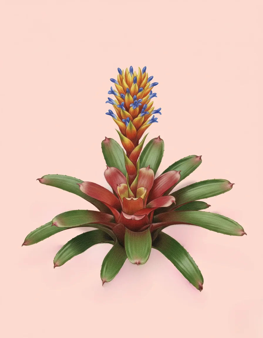 Fern leaf bromeliad with red and green leaves and blue flowers on a pink background