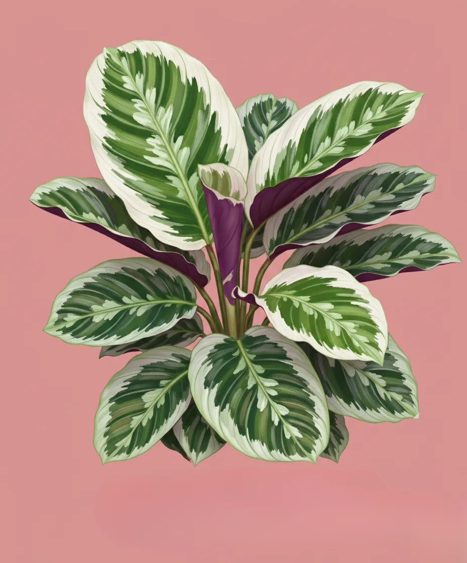 Variegated green and white leaves on a pink background