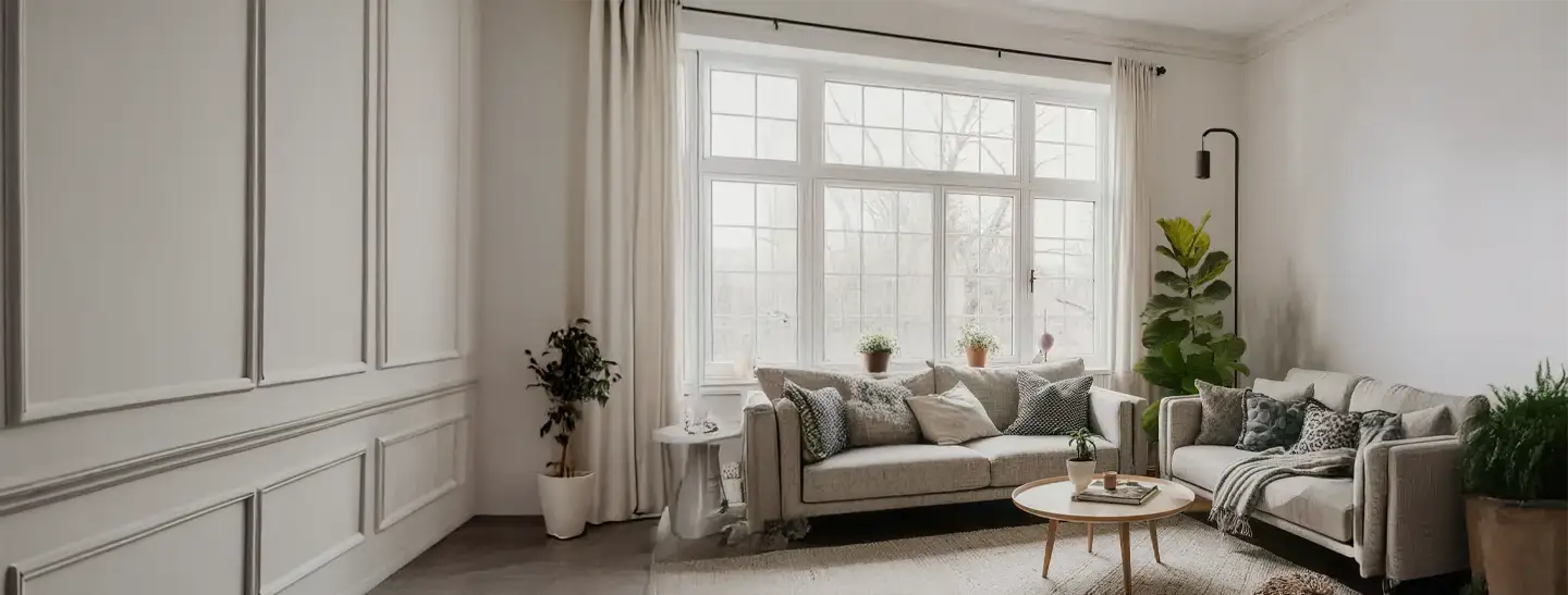 Modern living room with beige sofas, coffee table, Soltech Stello holding a Soltech Aspect Gen 2, and decorative items.