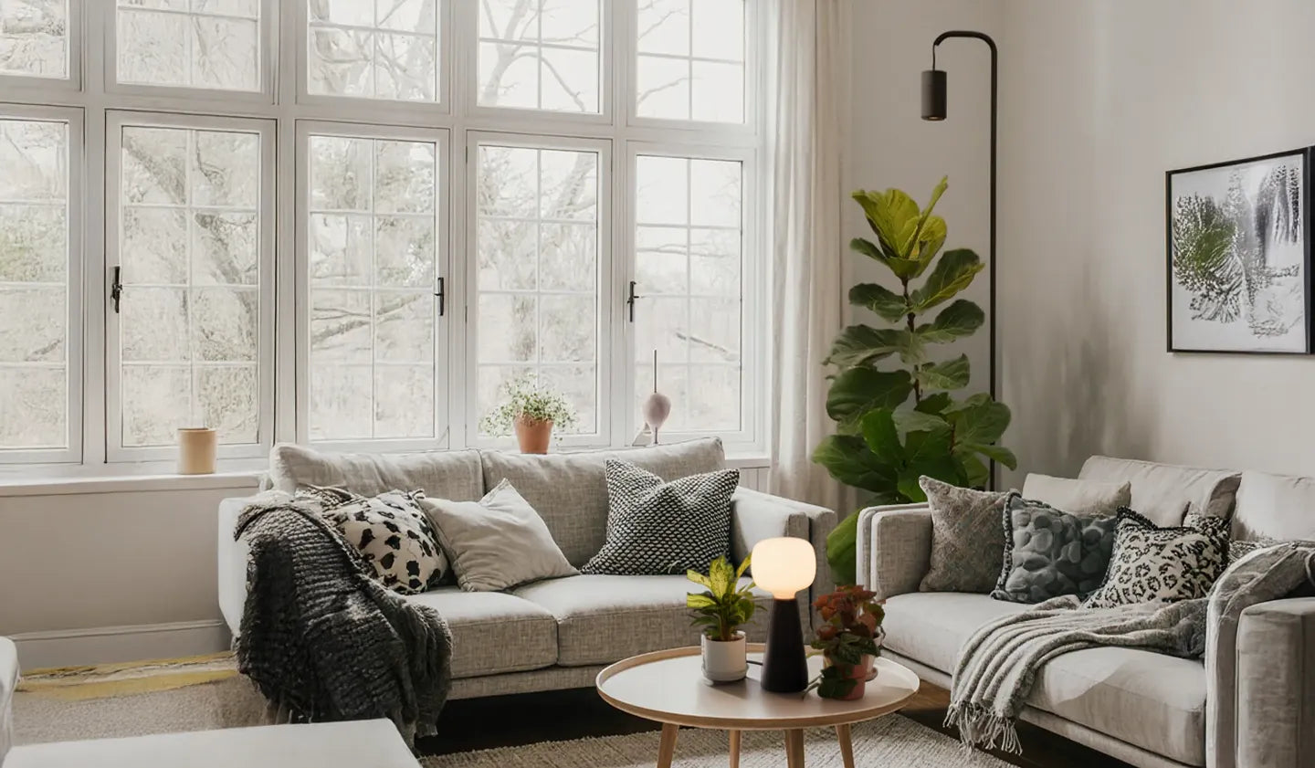 Cozy living room with a gray sofa, decorative pillows, and a lamp.