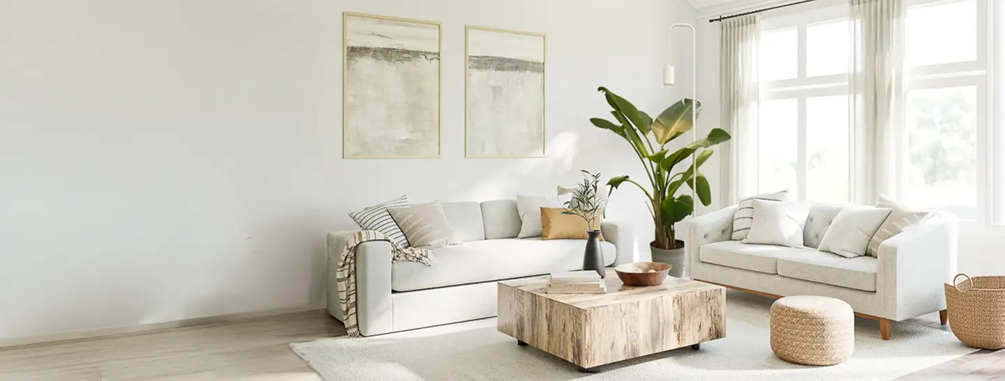 Modern living room with light-colored furniture and decor