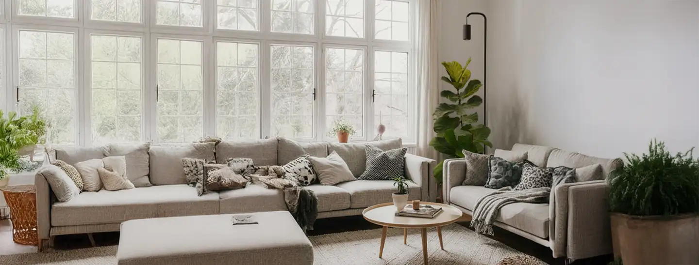 Modern living room with a sectional sofa, coffee table, and decorative items.