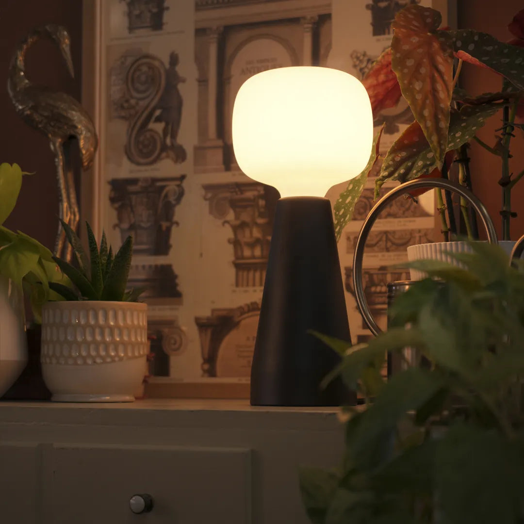 Soltech Aura on a decorative shelf with potted plants and home decor.