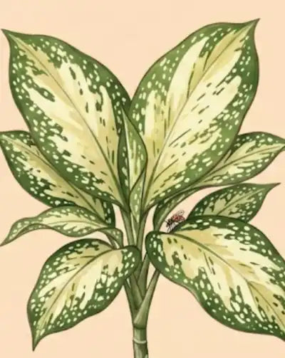 Illustration of a plant with green and yellow leaves on a beige background