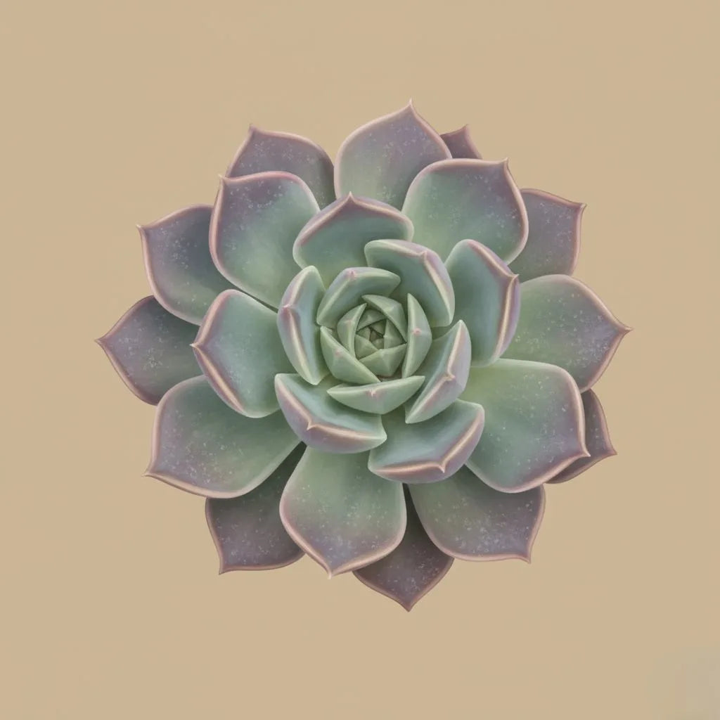 A symmetrical succulent with green and purple-tinted leaves, forming a rosette pattern, set against a plain beige background, conveying serenity.