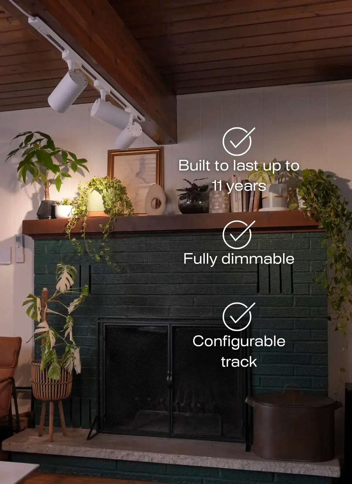 Modern living room with a fireplace and track lighting fixtures, featuring text about product features.