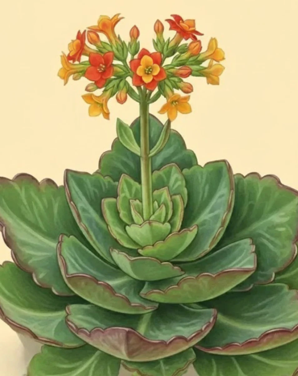 Illustration of a green succulent plant with red and orange flowers on a beige background