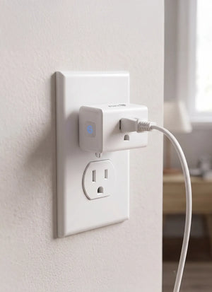 Smart plug with a blue indicator light attached to a wall socket.