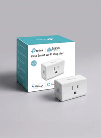Kasa Smart Wi-Fi Plug Mini with its packaging on a gray background