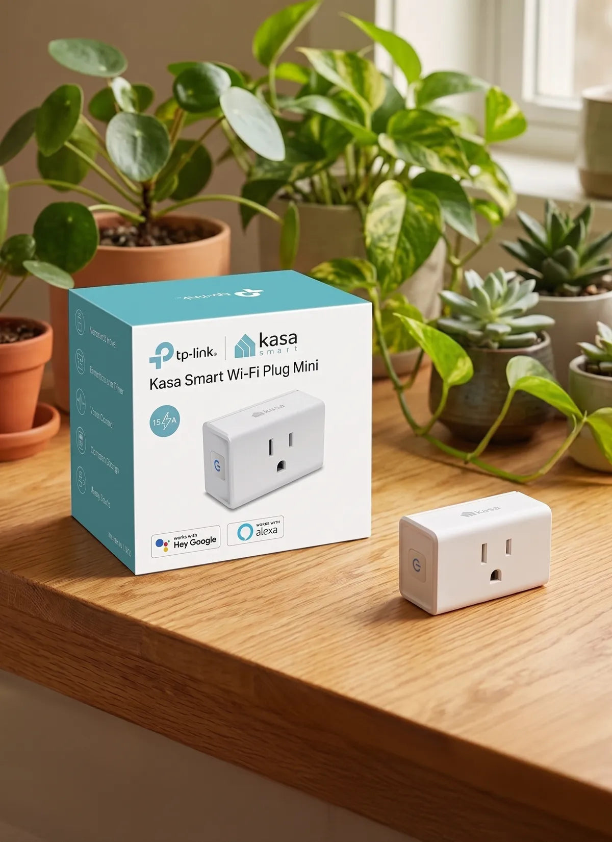 Kasa smart Wi-Fi plug mini on a wooden surface with potted plants in the background