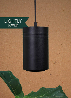 A black large Soltech Aspect growlight pendant hanging against a brown background with green foliage to the side.