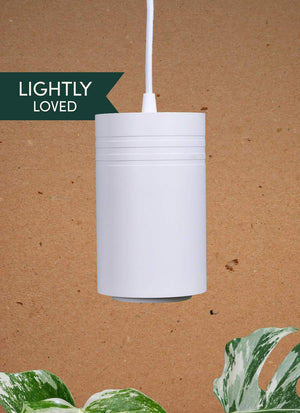 A white large Soltech Aspect growlight pendant hanging against a brown background with green foliage to the side.