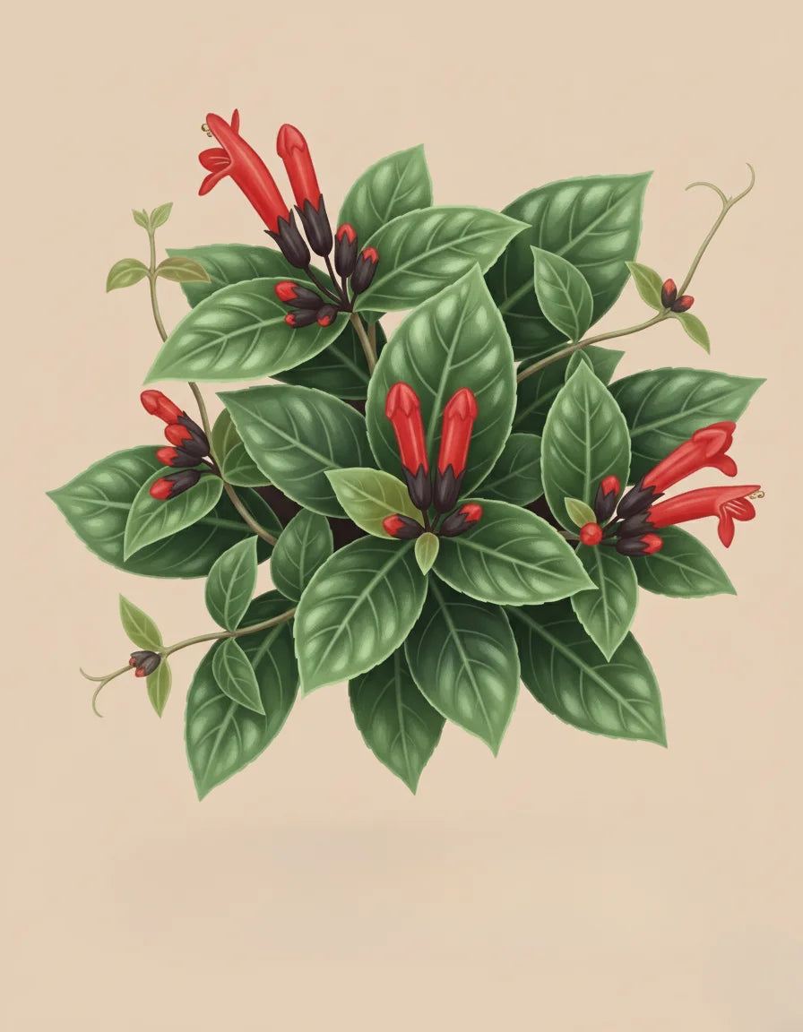 Illustration of green leaves with red flowers on a beige background