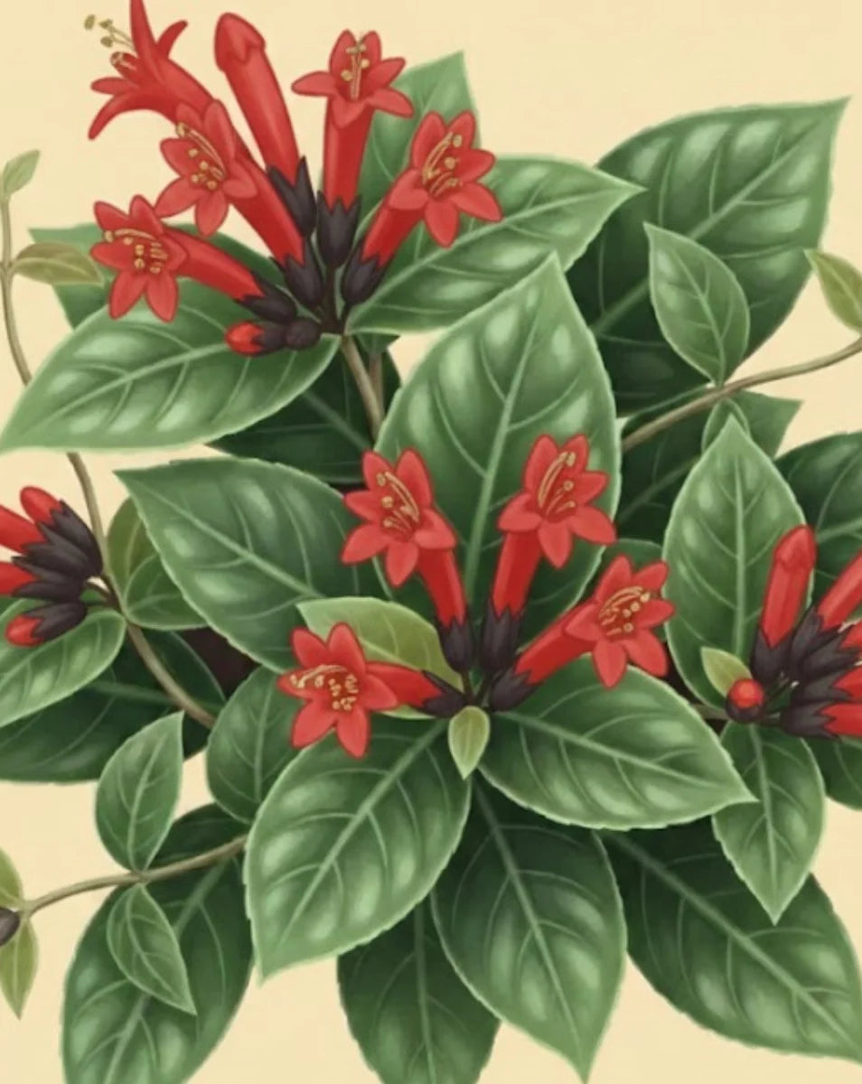 Illustration of red flowers with green leaves on a beige background