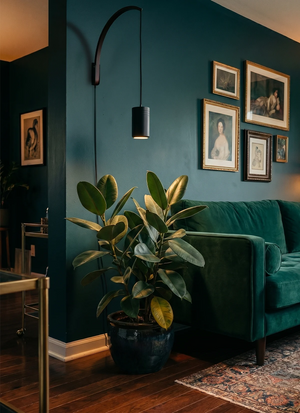 Living room with teal walls, a green sofa, and framed pictures.