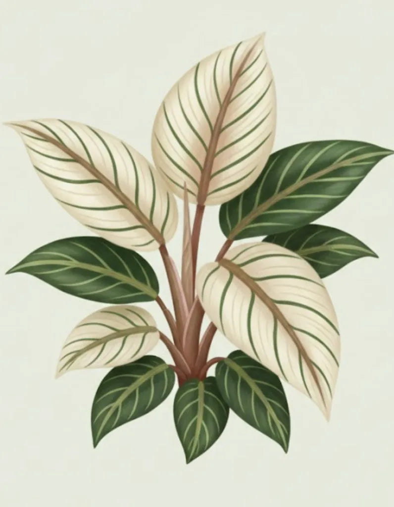 Decorative illustration of a plant with green and beige leaves on a light background