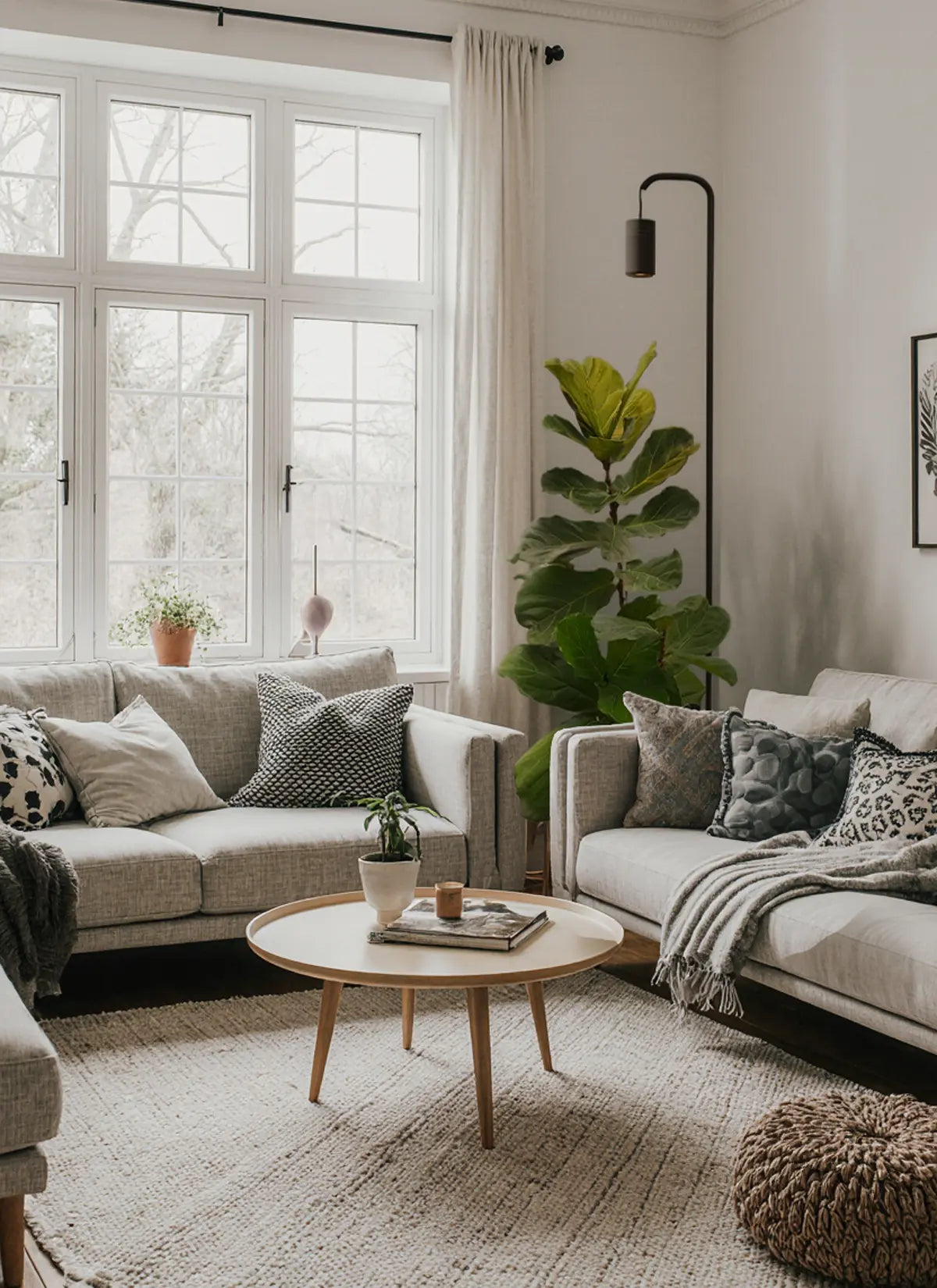 Cozy living room with a sectional sofa, coffee table, and decorative elements.