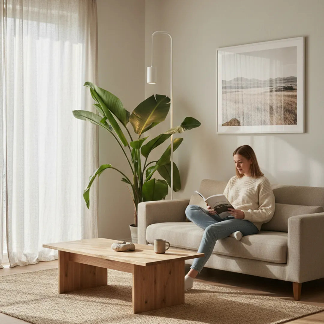 Woman reading a book on a couch in a cozy living room with a plant, Soltech Stello and coffee table.