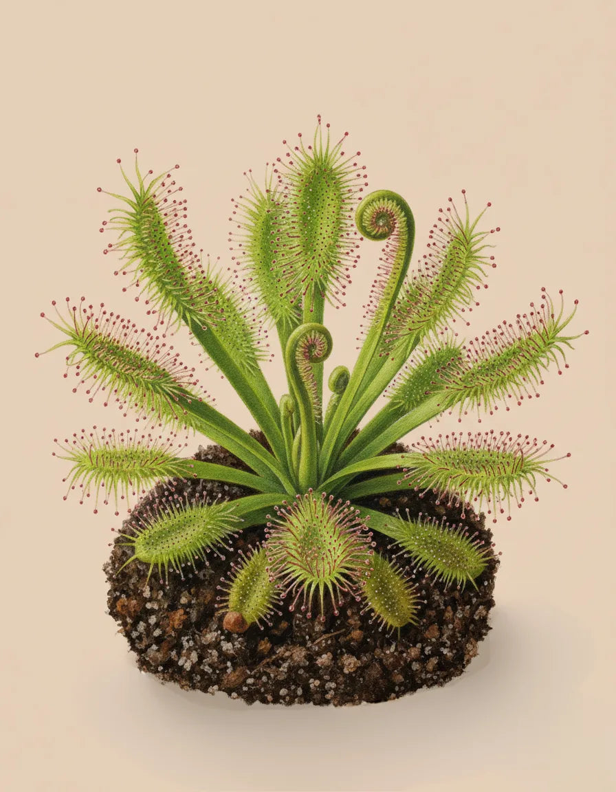 Illustration of a carnivorous plant with long, thin leaves on a beige background