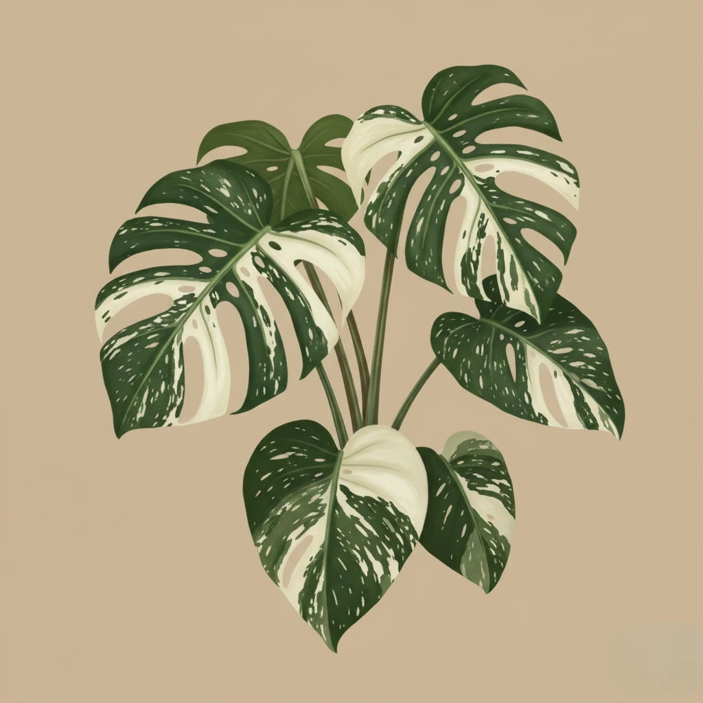 Illustration of a variegated monstera plant with green and white leaves against a beige background. The tone is calm and natural.