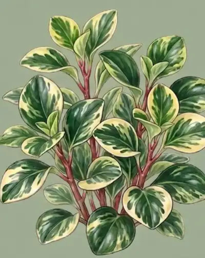 Illustration of a variegated green and yellow leaf plant on a light green background