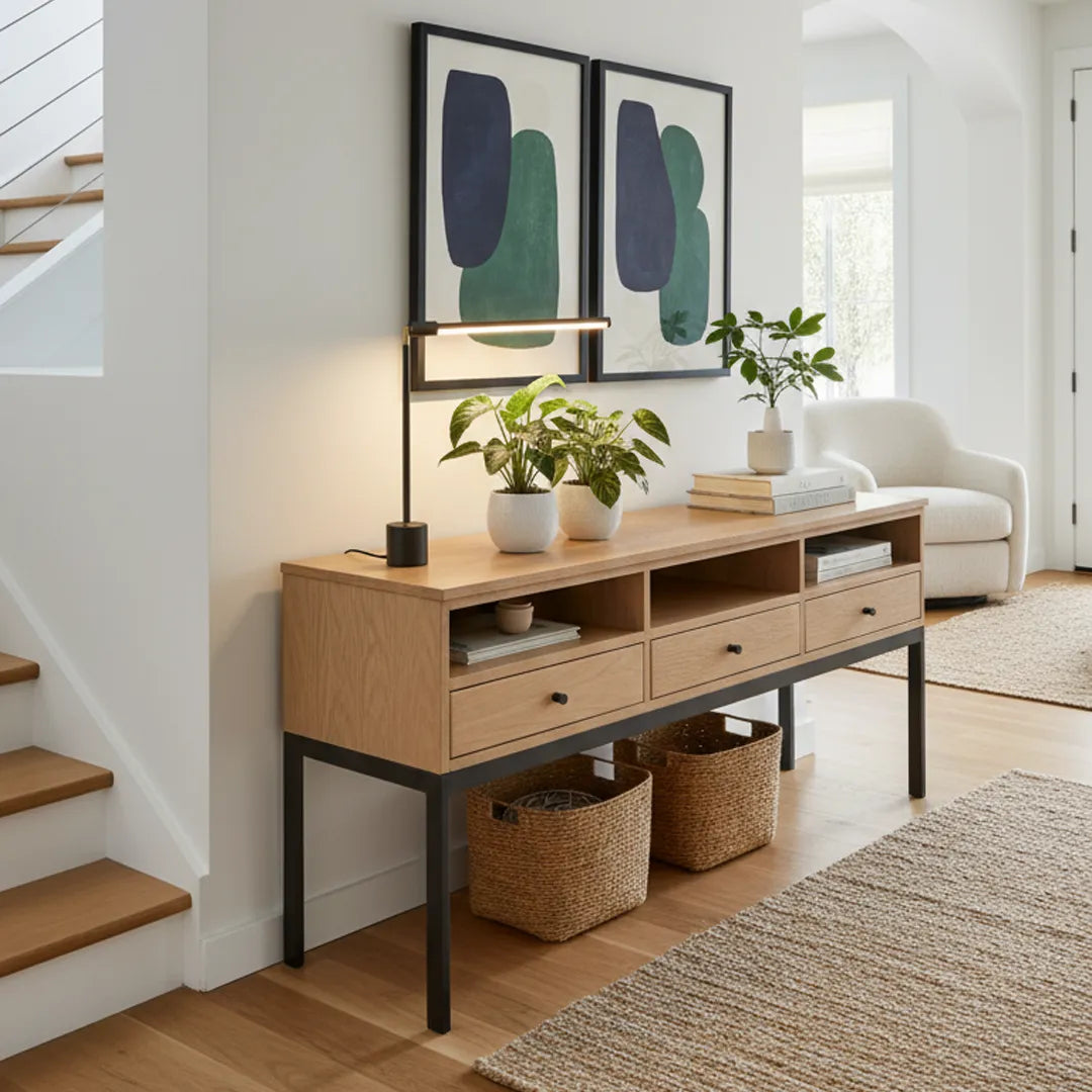 Wooden console table with decorative items and Soltech Versa in a living room setting