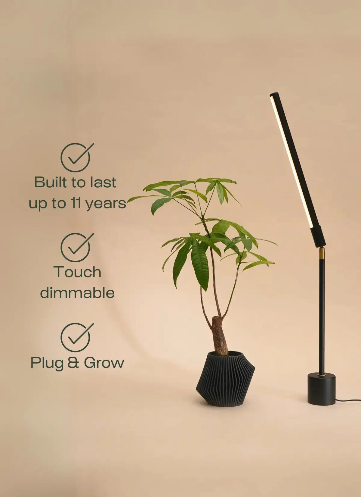 Black Soltech Versa next to a potted plant on a beige background with text about product features.