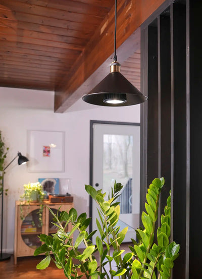 A cozy interior with a Soltech Vita in metal lampshade hanging from a wooden ceiling, illuminating lush green plants and a cabinet adorned with decor.