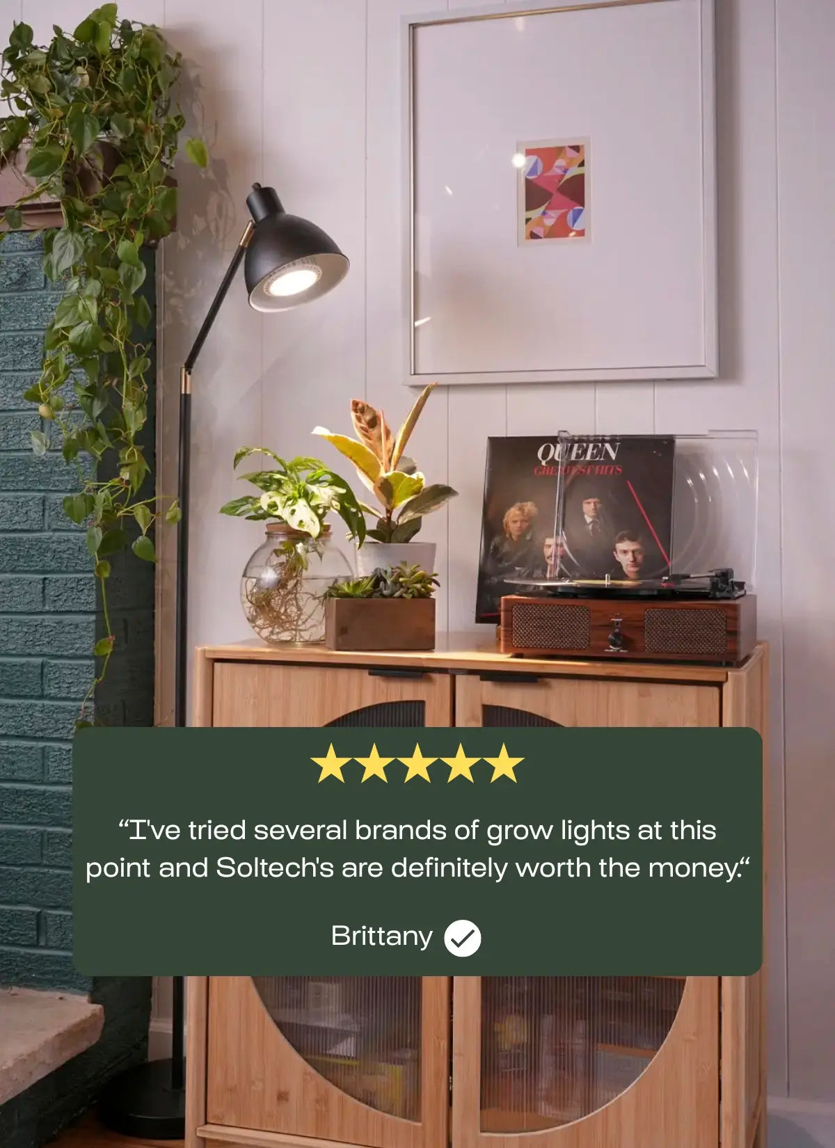 Room interior with a record player and decor, featuring a Soltech grow light review.