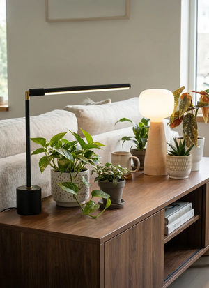 Modern living room with a wooden console table featuring potted plants, a Soltech Aura and Soltech Versa.