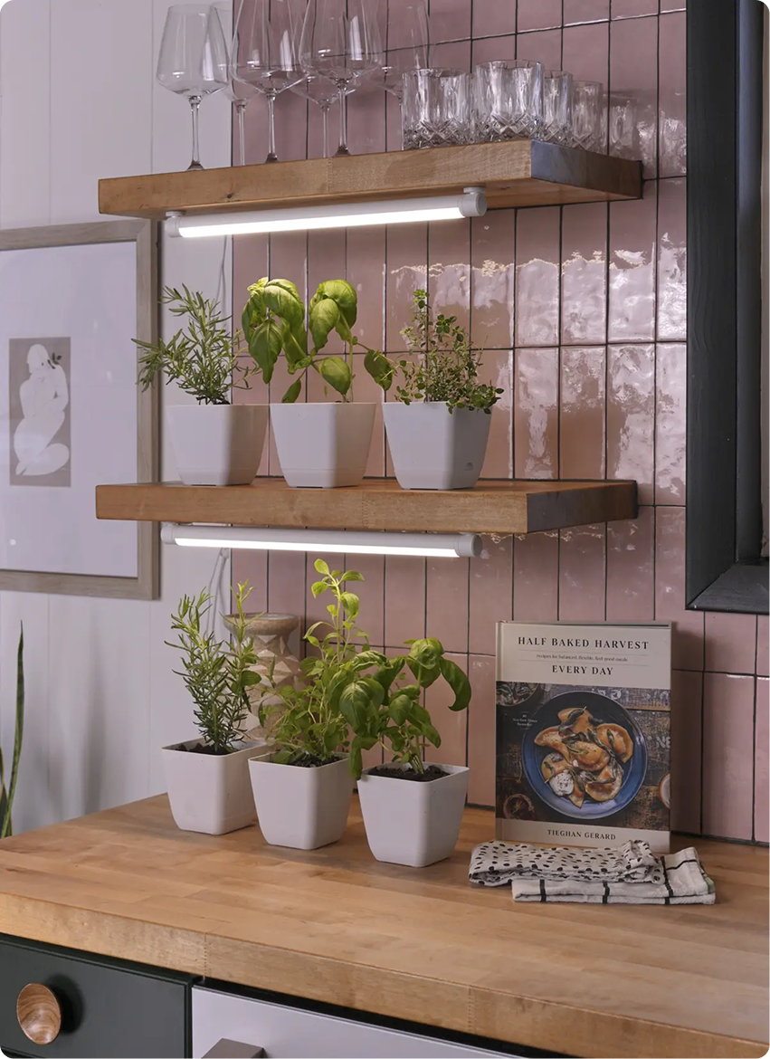 Modern kitchen scene with two wooden shelves and Soltech Grove Mounted under each on a pink tiled wall, holding glassware and potted herbs. A cookbook and towels sit on the counter below.